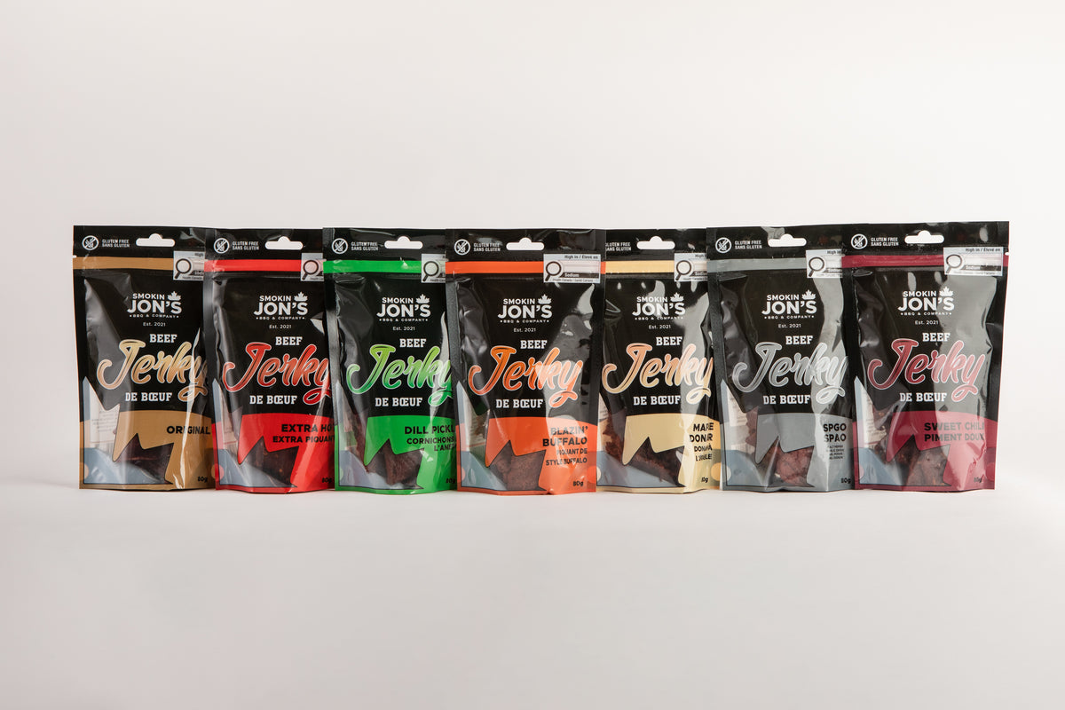 The seven available Smokin Jon's jerky flavours. Choose any six bags for your subscription.